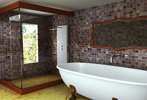 Ванная комната из тёмной плитки-мозайки. фото смотреть