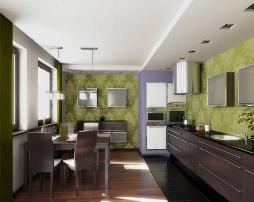 Современная кухня с зелёными обоями. фото смотреть